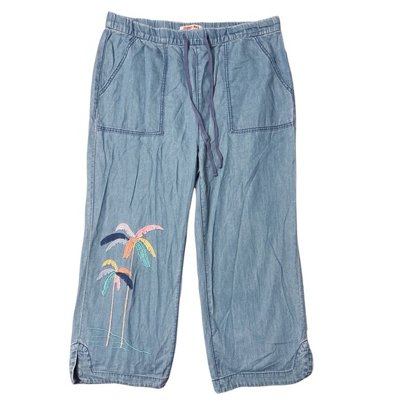 Johnny Was Pants - Johnny Was Sarabi Pull On Jean XL Light Blue Embroidered patch pocket palm trees